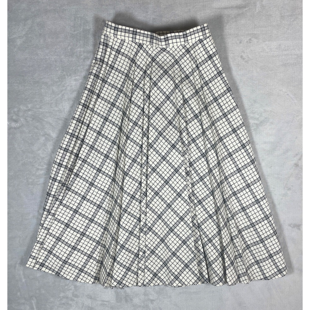 Vintage Patty Woodard Pleated Midi Skirt Women 6 White Black Plaid Wool Blend